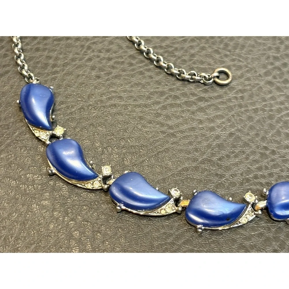 Vintage 1950's Blue Lucite Moon Glow Necklace Silver Tone Rhinestone Adjustable